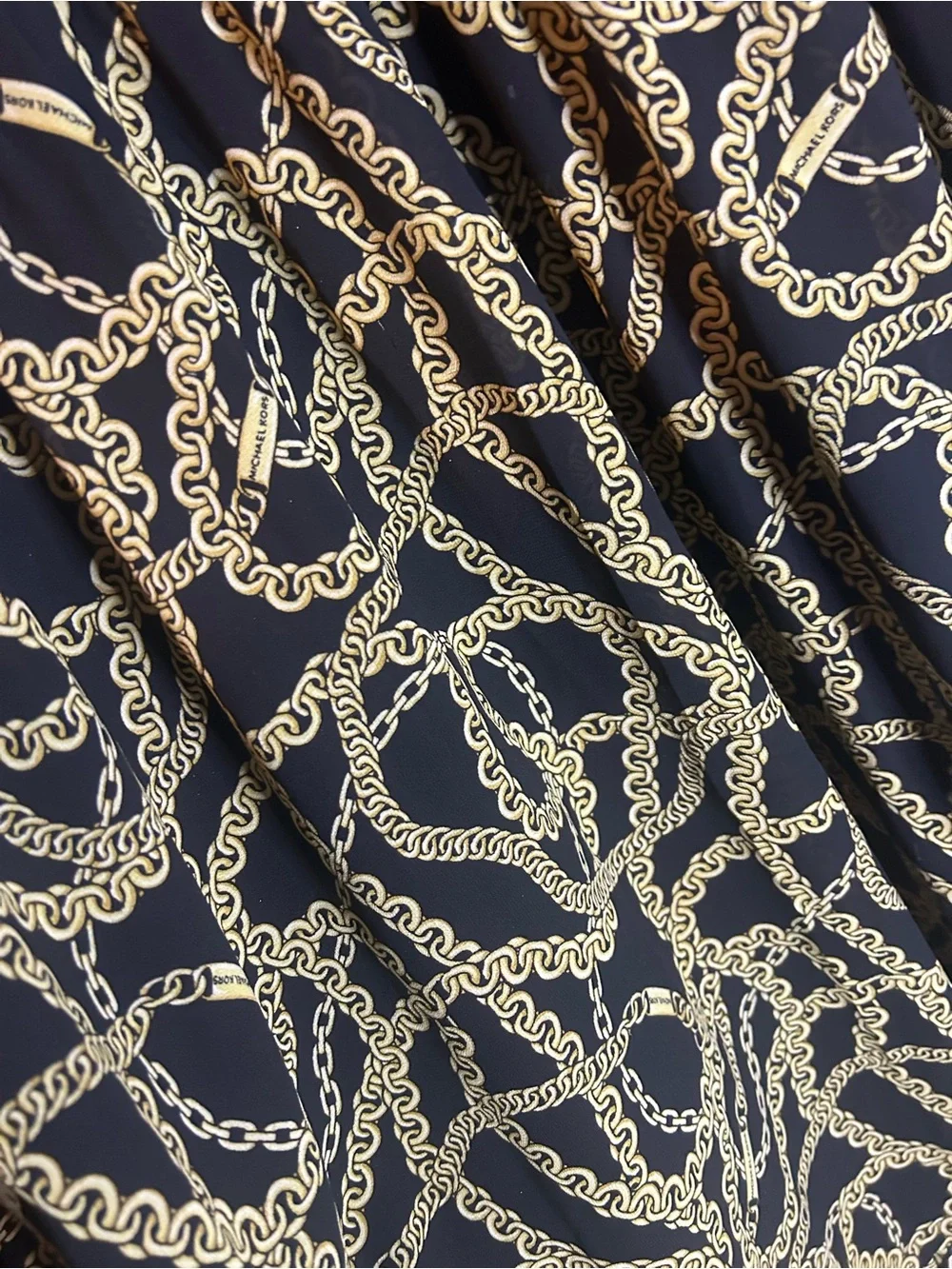 Michael Kors Dress XL Black Gold Chain Print Slinky Chiffon Long Sleeves